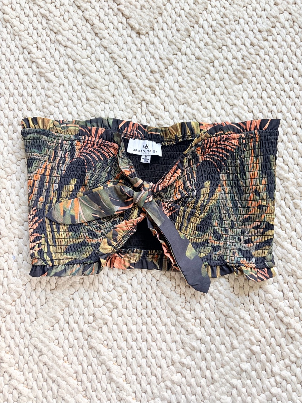 URBAN DAIZY Tropical Smocked Tie-Front Tube Top Black & Green Womens MEDIUM EUC
